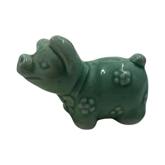 Antique Handmade Painted Ceramic Green Pig Farm Animal Figurine 3” - Picture 1 of 8